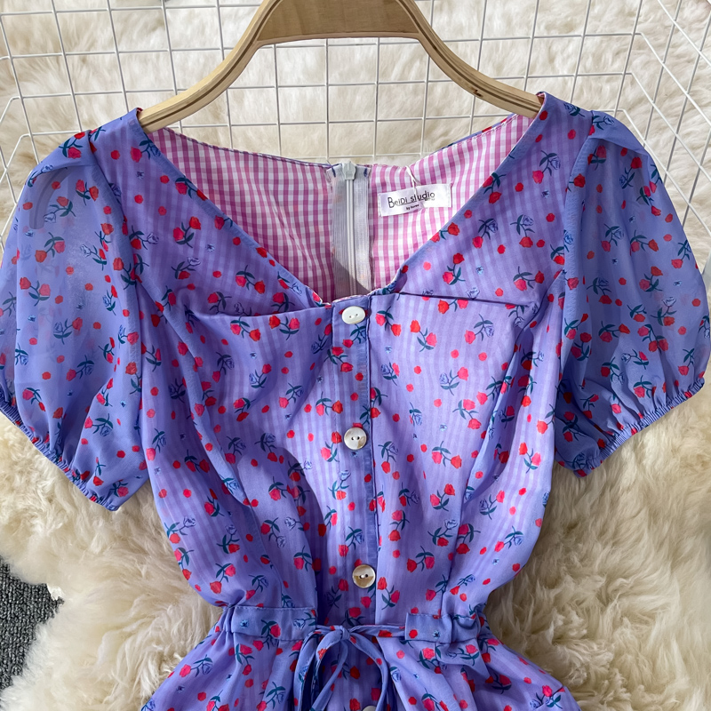 Gentle Floral Print V-neck Dress Summer New Fairy Lady Super Fairy Mori Style French Tight Waist First Love Dress - Image 3