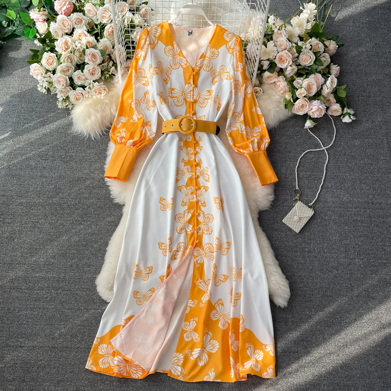 Summer New French Court Retro Style V-neck Dress Puff Sleeve Bow Print Single-Breasted Dress - Image 2