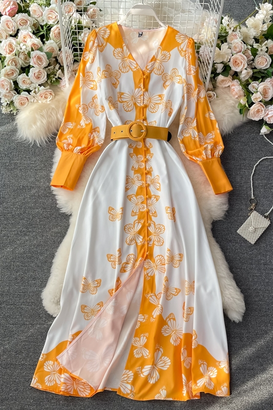 Summer New French Court Retro Style V-neck Dress Puff Sleeve Bow Print Single-Breasted Dress - Image 7