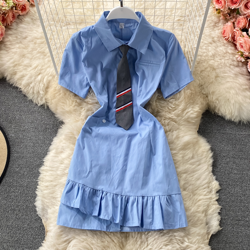 Korean fan girl blue short-sleeved female summer Korean style design self-cultivation college style tie pleated dress - Image 2
