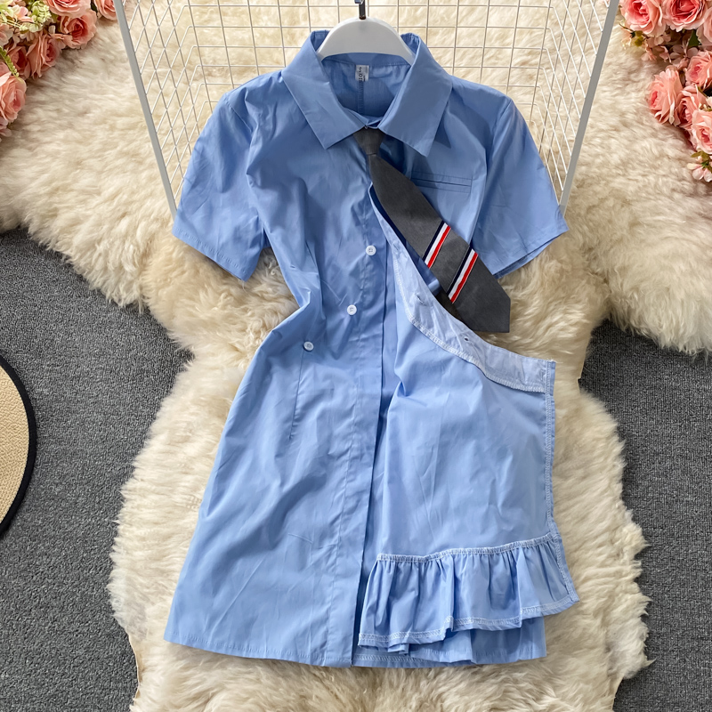 Korean fan girl blue short-sleeved female summer Korean style design self-cultivation college style tie pleated dress - Image 3