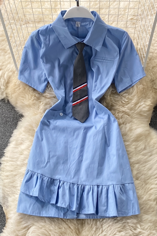 Korean fan girl blue short-sleeved female summer Korean style design self-cultivation college style tie pleated dress - Image 7