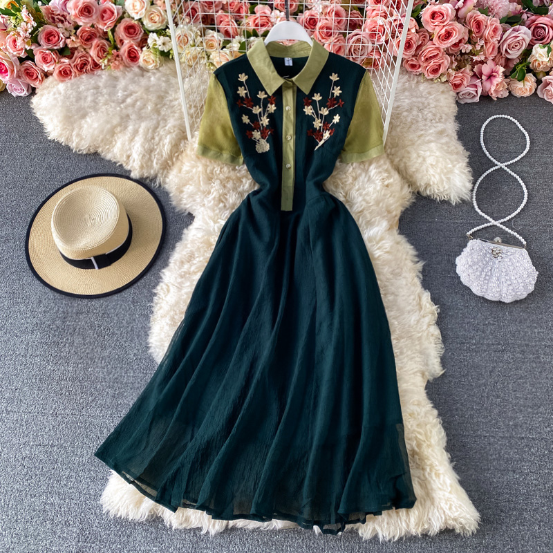 Elegant Waist Embroidered Shirt Collar Chiffon Dress Summer New Slim Slimming Mid-Length A- line Dress - Image 2