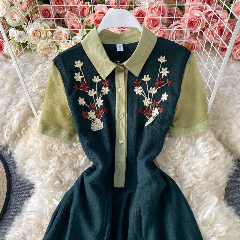 Elegant Waist Embroidered Shirt Collar Chiffon Dress Summer New Slim Slimming Mid-Length A- line Dress - Image 3