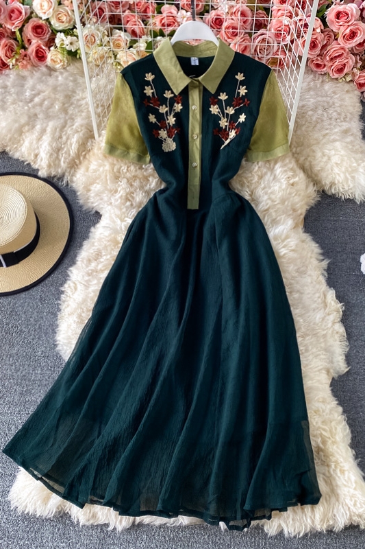 Elegant Waist Embroidered Shirt Collar Chiffon Dress Summer New Slim Slimming Mid-Length A- line Dress - Image 7
