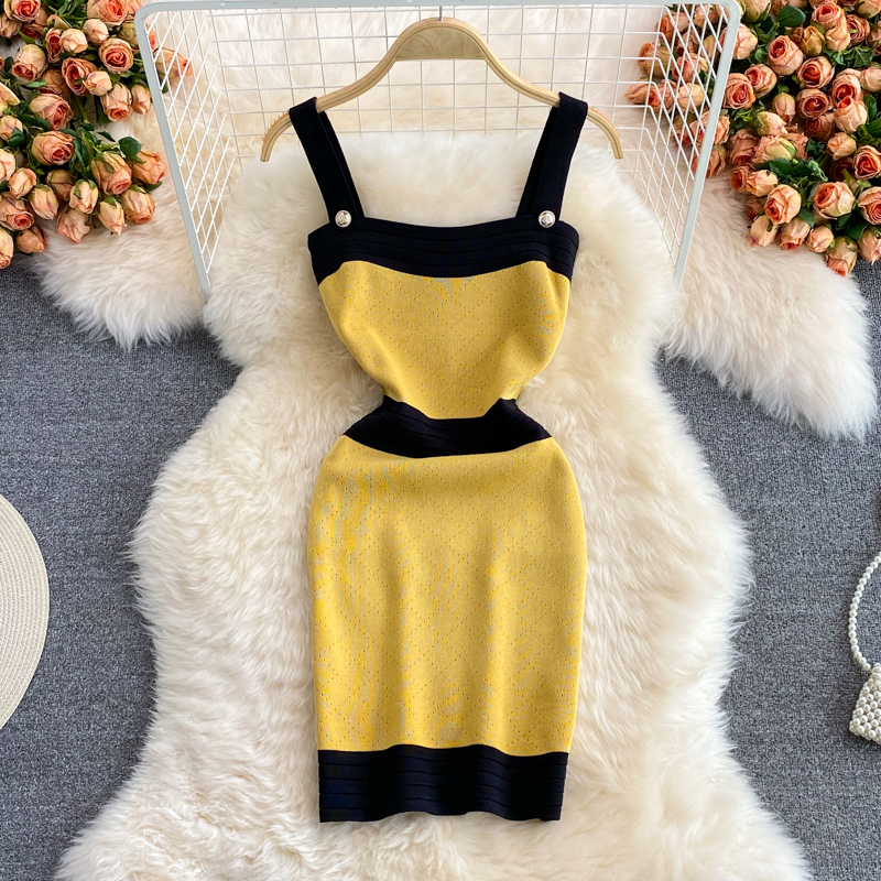 Summer New Hong Kong Style Sexy Color Block High Waist Slip Dress Slim Fit Slimming Small Knitted Sheath Dress - Image 2