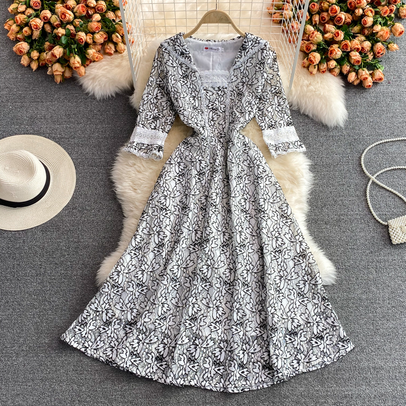 European Station Summer New Waist Slimming Temperament Youthful-Looking Sailor Collar Lace Dress High-End Swing Long Dress - Image 2
