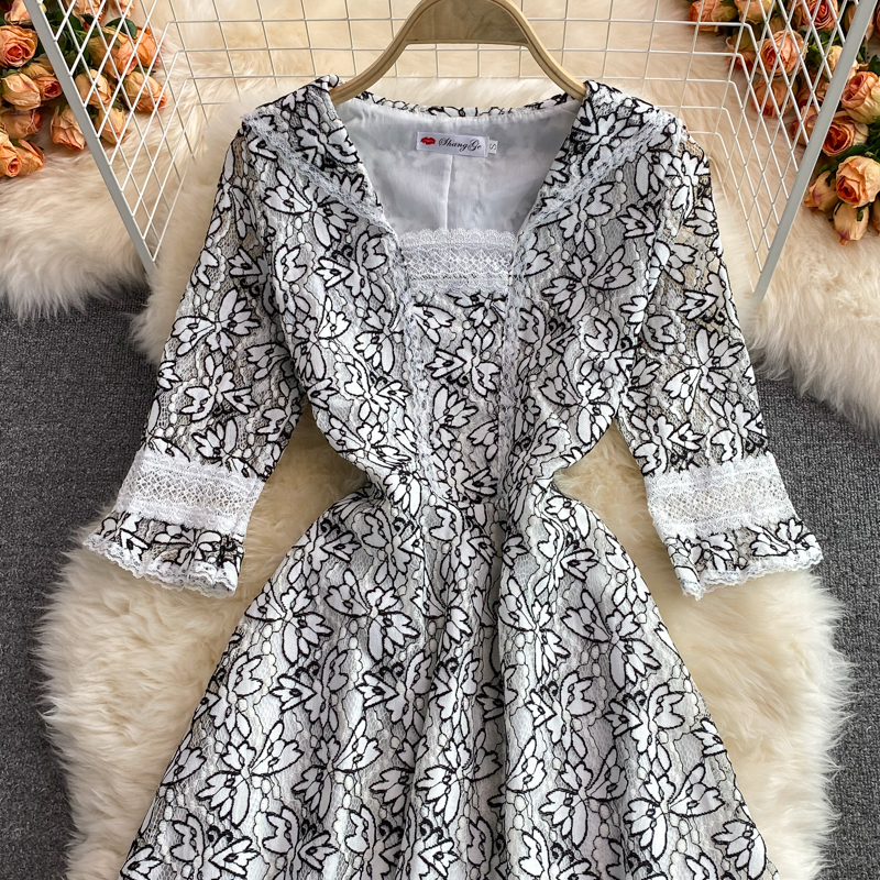 European Station Summer New Waist Slimming Temperament Youthful-Looking Sailor Collar Lace Dress High-End Swing Long Dress - Image 3