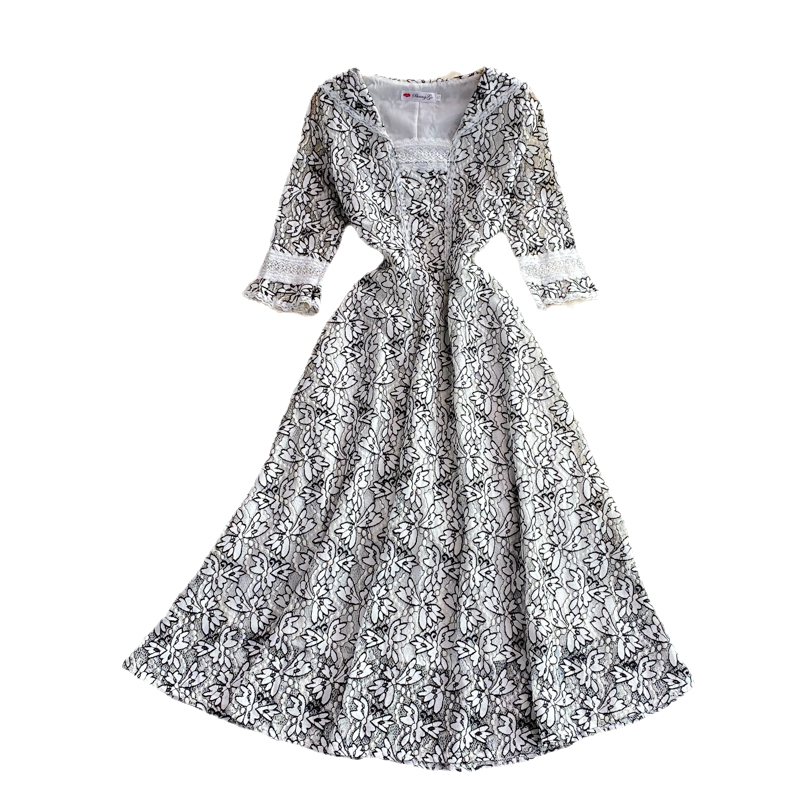 European Station Summer New Waist Slimming Temperament Youthful-Looking Sailor Collar Lace Dress High-End Swing Long Dress - Image 6