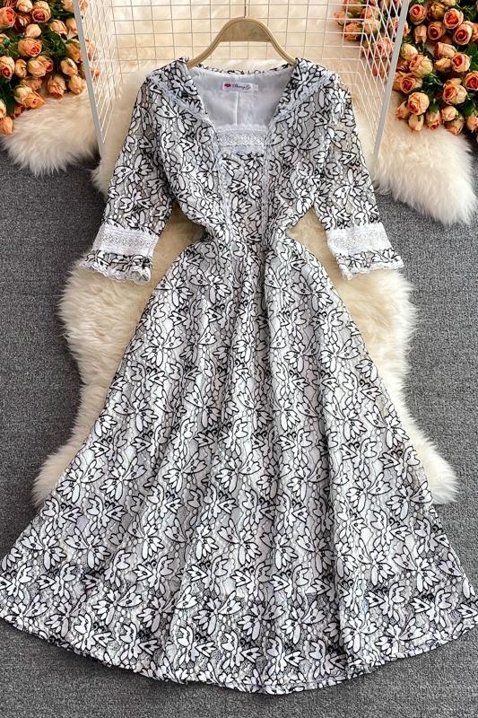 European Station Summer New Waist Slimming Temperament Youthful-Looking Sailor Collar Lace Dress High-End Swing Long Dress - Image 7