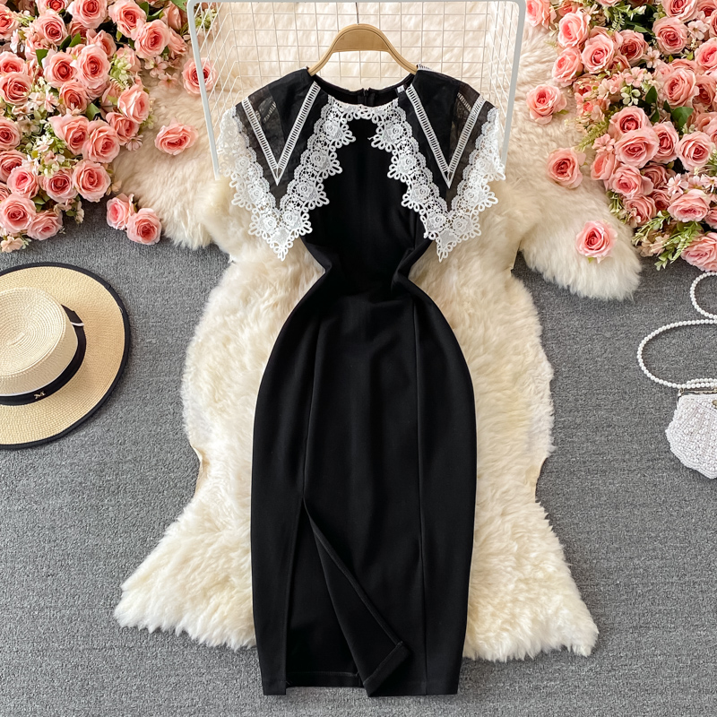 Autumn New Hepburn Style Doll Collar Embroidered Lace Slim Slimming Slit Dress Fashion Dress - Image 2