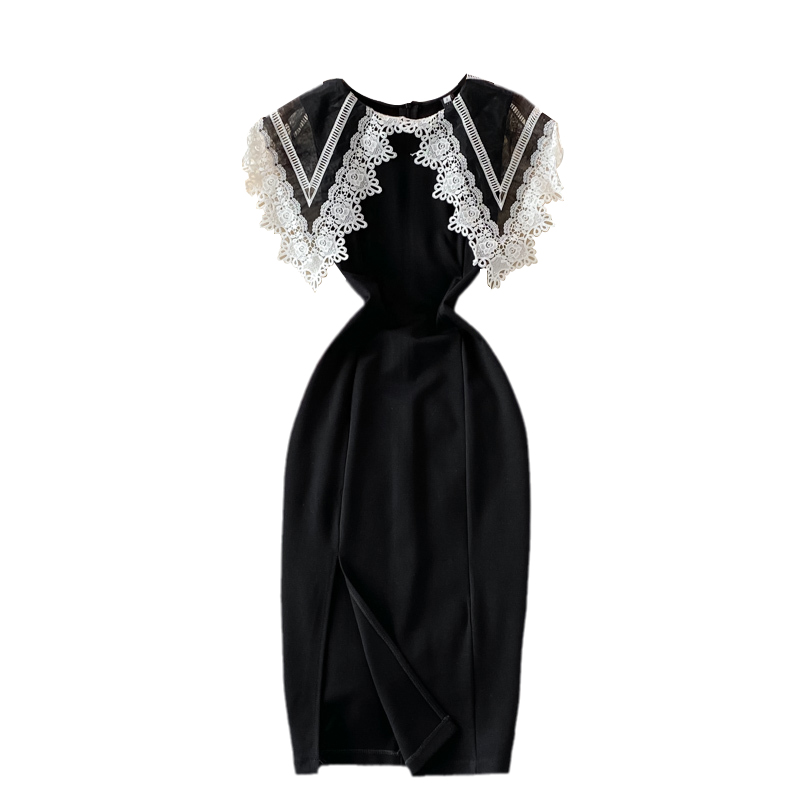 Autumn New Hepburn Style Doll Collar Embroidered Lace Slim Slimming Slit Dress Fashion Dress - Image 6