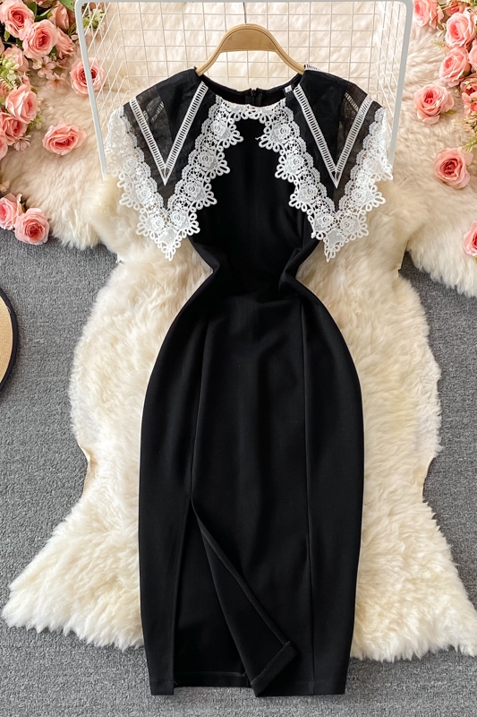 Autumn New Hepburn Style Doll Collar Embroidered Lace Slim Slimming Slit Dress Fashion Dress - Image 7